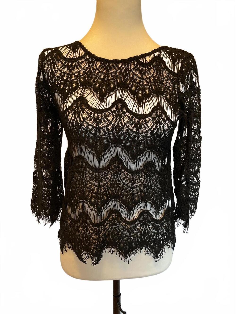 Black Lace Top S Sheer Scallop Sleeve Whimsigoth Dark Romantic Fairy Witchy NWT